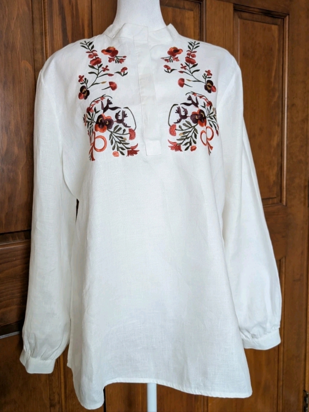 Irish Linen Embroidered Tunic Top with Rust Floral Accents